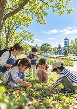 公園の緑の中で葉っぱを拾う子どもたち